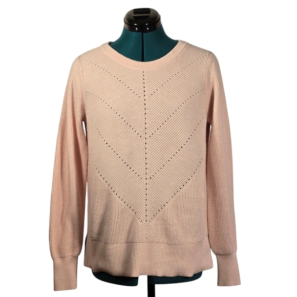 White and Warren Pink Chevron Pointelle Crewneck Cotton Knit Sweater - Picture 1 of 11
